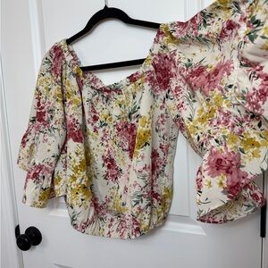 eesome Cream Floral Off-Shoulder Blouse with Pink and Yellow Blooms